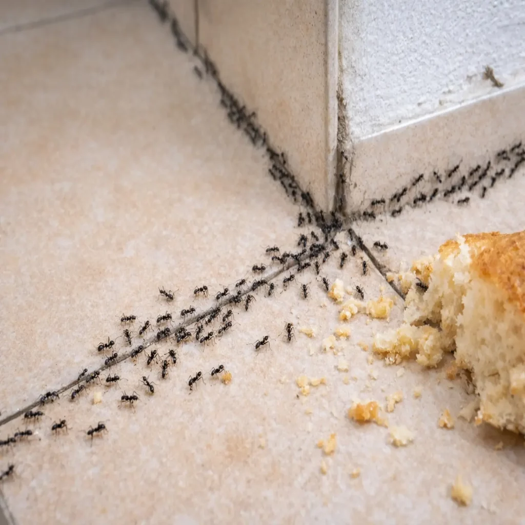 Formiche in casa in Ticino, infestazione tipica Tapinoma magnum su pavimento domestico